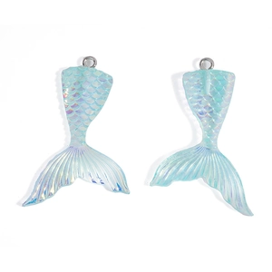 Colorful resin mermaid tail pendants with shimmering laser finish and metal rings for DIY jewelry