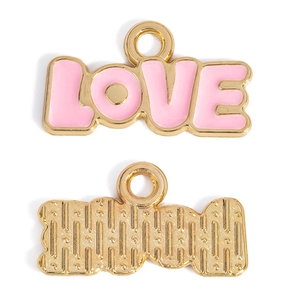 Detailed view of pink enamel LOVE charms with gold-plated edges showing both sides