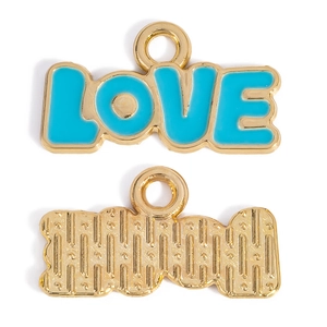 Front and back detail of sky blue enamel LOVE pendant with gold alloy plating