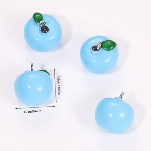 Detail view of light blue resin apple pendants with metal loops and size markings