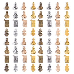 Assorted DIY jewelry charms featuring dollar signs and money bags in four metal finishes