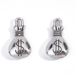Detailed view of silver dollar sign money bag charms with ring for DIY jewelry making