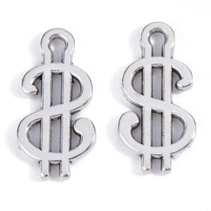 Detailed view of polished silver alloy dollar sign pendants for DIY jewelry making crafts