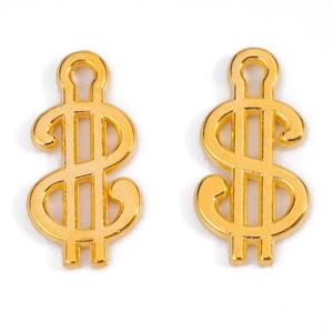 Close-up of golden dollar sign alloy pendants for jewelry making and DIY crafts