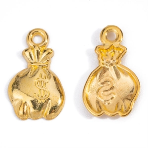 Detailed macro view of golden dollar sign money bag charms for DIY jewelry making