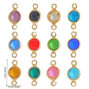 Set of 12 colorful round glass charm connectors with gold-plated copper frames for DIY jewelry