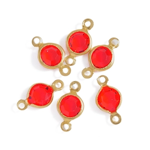 Set of 6 gold plated round red glass charms with double loops for DIY jewelry making