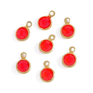 Seven round red glass pendants with gold plated copper edges for DIY jewelry making