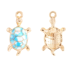 Detailed front and back view of blue enamel sea turtle pendant with golden alloy frame