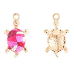 Front and back detail of a gold turtle pendant with colorful mosaic enamel shell