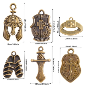Set of 6 bronze antique pendants featuring helmet armor and sword with detailed dimensions