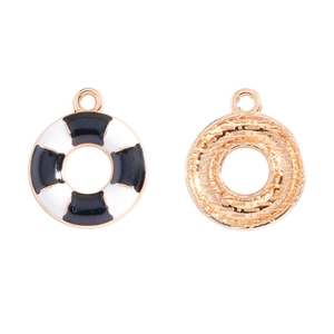 Detailed close-up showing front and back of lifesaver alloy pendant with black enamel finish