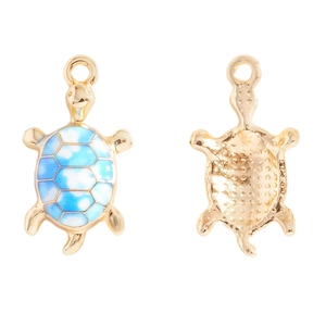 Front and back detail of blue turtle charms in alloy for DIY jewelry making