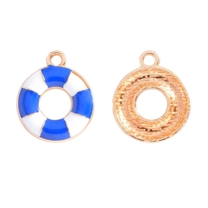 Detail of blue and white enamel lifebuoy pendant with golden alloy DIY jewelry link