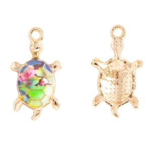 Detail of front and back of turtle charms with colorful enamel and golden alloy finish