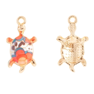 Detailed front and back view of a colorful enamel sea turtle pendant with gold metal plating