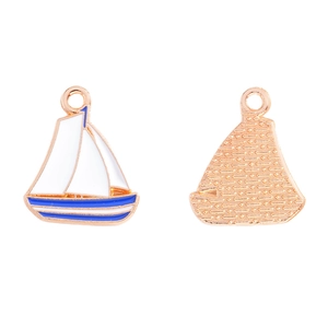 Front and back detail of a nautical sailboat alloy pendant with blue and white enamel inlay