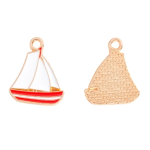 Detailed front and back view of a gold-tone sailboat pendant with red and white enamel