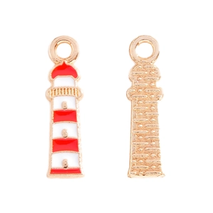 Detail view of red and white lighthouse pendants showing front enamel and back gold plating