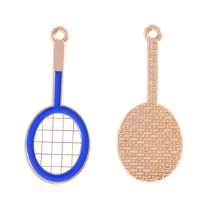 Detail of rose gold tennis racket charm showing enamel front and textured back