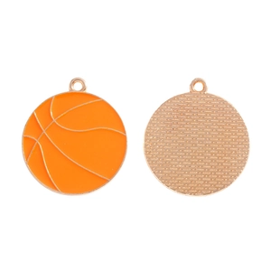 Detailed front and back views of orange enamel basketball charms for DIY jewelry making