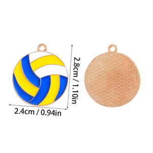 Detailed size view of volleyball alloy pendant with colorful enamel and metal back