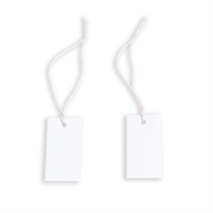 Set of two white rectangular paper hang tags with cotton strings on plain background