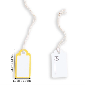 Detailed size chart of mini cardstock tags with cotton string and yellow border details