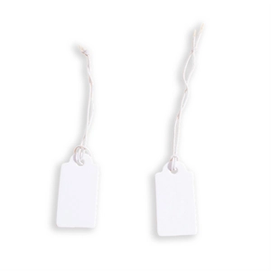 Detail of two white cardstock hanging tags with cotton strings on a white background