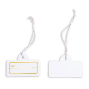 Front and back detail of white cardstock price tags with yellow borders and white strings