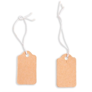 Detail of rectangular brown kraft paper tags with white cotton strings on white backdrop