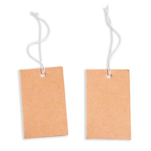 Close-up of rectangle brown kraft paper hang tags with white cotton strings on white backdrop