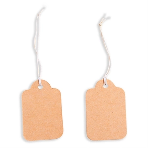 Close-up of brown kraft paper tags with white cotton strings on white background