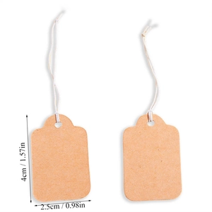 Detail showing vintage brown kraft paper tags measuring 4x2.5cm with white cotton string
