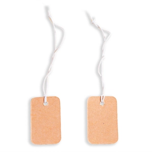 Detailed close-up of brown kraft paper tags with white cotton string and pre-punched holes