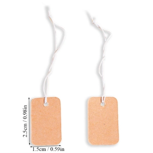 Detail view showing dimensions 2.5x1.5cm of brown kraft paper tags with cotton strings