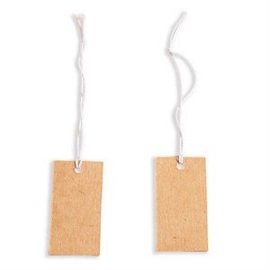 Detailed view of rectangular kraft paper gift tags with white cotton hanging strings