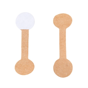 Detail of dumbbell-shaped kraft paper adhesive jewelry tags for rings and bracelets