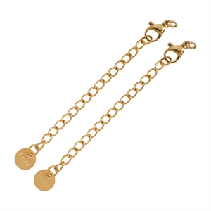Detail of gold stainless steel extender chains with lobster clasps and round metal tags