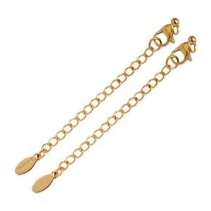 Detail of 5cm golden stainless steel extension chains with lobster clasp and S.steel tag