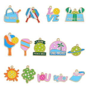 Set of 14 colorful enamel pickleball charms featuring rackets and bags with gold trim
