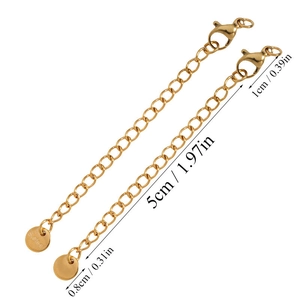Macro view of gold stainless steel extender chains with lobster clasp and s.steel tag