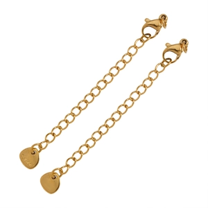 Macro detail of two gold stainless steel extender chains with lobster clasps and S.Steel tags