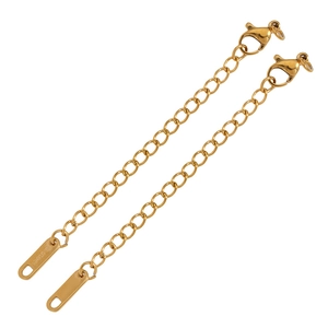 Macro detail of golden stainless steel extender chain with lobster clasp and logo tag