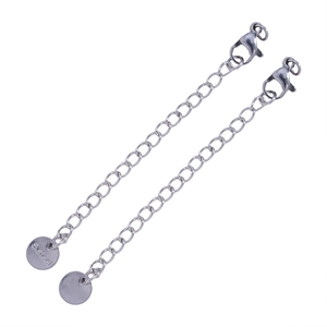 Detail of stainless steel extender chains with lobster clasp and S.Steel engraved tag