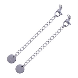 Detail of silver stainless steel extension chains with lobster clasps and S.steel tags