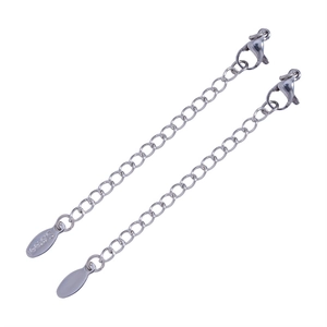 Detail of stainless steel extender chain with lobster clasp and S.Steel tag on white background