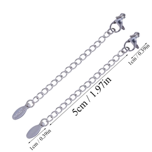 Detailed view of 5cm stainless steel extender chains with lobster clasp and S.STEEL tag