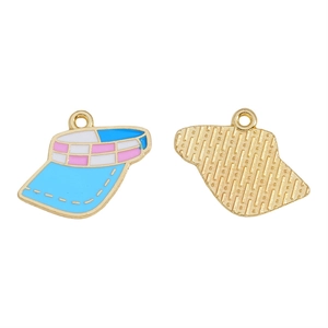 Detail of blue plaid sun hat enamel charms showing front side and gold textured back