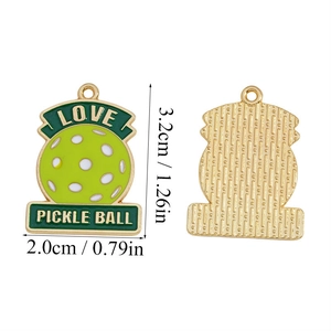 Front and back detail of a yellow Pickleball enamel pendant with Love text and metal loop